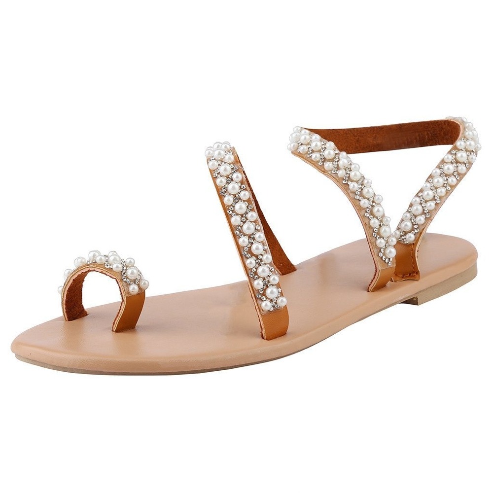 Unbranded Pearl Embellished Strappy Sandals Womens 8.5 Tan‎ Faux Leather Slides